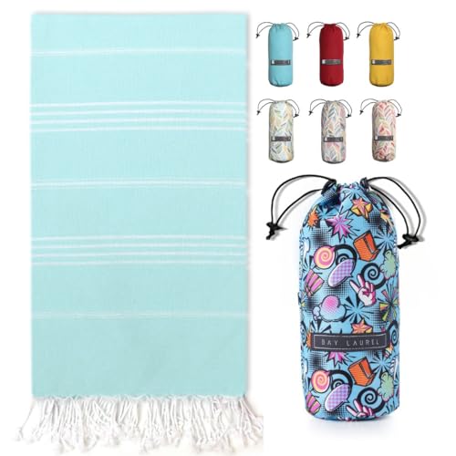 Turkish Beach Towel with Travel Bag - Quick Dry Sand-Free Oversized Aqua Blue