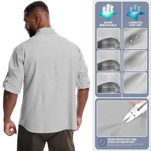 Mens Safari Sun Shirts UPF 50+ UV Sun Protection Long Sleeve Outdoor Quick Dry Fishing Hiking Gardening Shirts