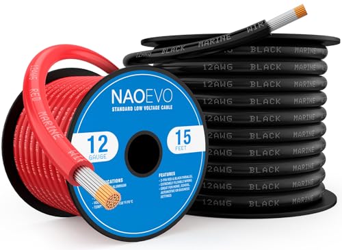Marine-Grade Tinned Copper Wire 12 Gauge, 15 FT Black & Red - Waterproof Marine Cable