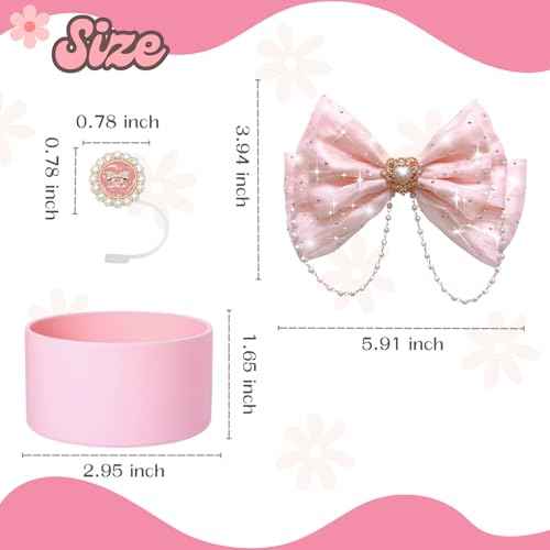 Bling Stanley Bow Straw Topper, Pearl Bow Lid Stanley Cup Accessories,Cute Straw Cover Cap, Silicone Boot Protector 3 PCS Sets for Tumbler Accessories