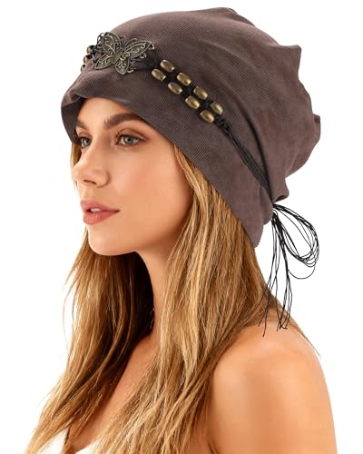 Coffee Slouchy Beanie Hat for Women with Butterfly Beads - AWAYTR