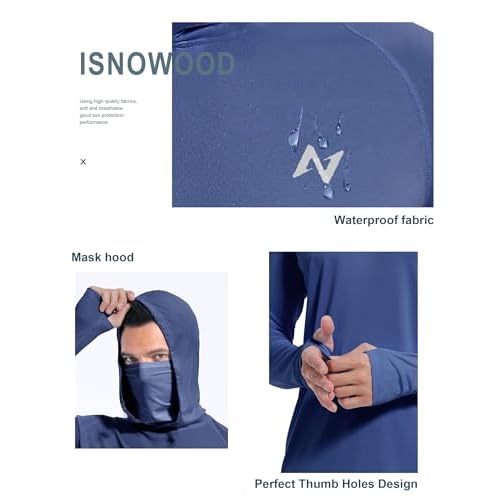 isnowood Sun Shirt UPF 50+ Men's Fishing Long Sleeve Hooded Rash Guard Hiking Swimming Running UV Protection Hoodie