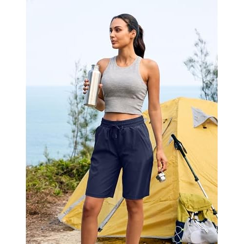 SANTINY Women's 7''/ 9'' Hiking Shorts with 3 Zipper Pockets Lightweight Quick Dry Long Athletic Golf Shorts for Women Casual