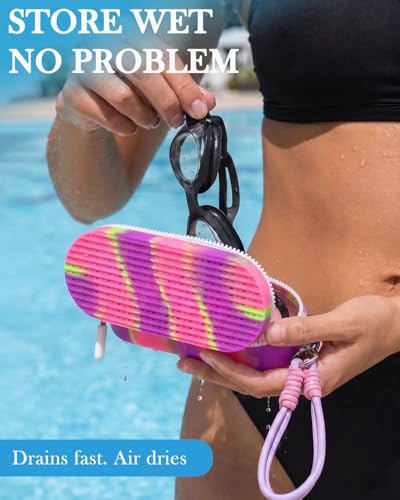 Large Ventilated Swim Goggle Case - Silicone with Drainage Holes - Purple Pink Yellow Gradient