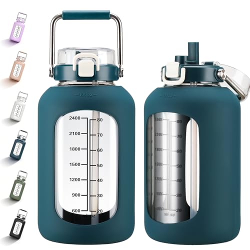 Large 100oz Glass Water Bottle with Time Marker & Silicone Sleeve - Dark Blue