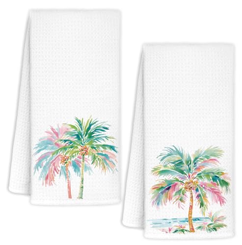 Preppy Beach Palm Tree Kitchen Towels - Tropical Summer Coastal Hand Towels, Watercolor Colorful Palm Tree Decor, 16x24 Inch, Set of 2