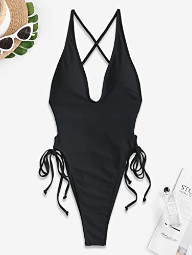 Women's Plunge One-Piece Swimsuit High Cut Thong Bathing Suit Medium Black