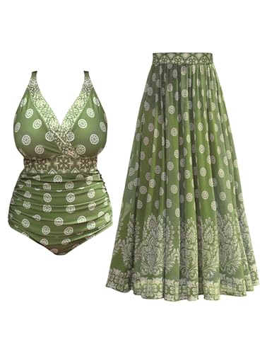 Plus Size Swimsuit for Women X-Large Green Floral One Piece Swim Dress with Skirt