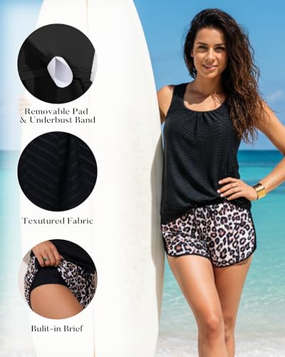 Aidonger Womens Tankini Swimsuit Modest 2-Piece Bathing Suit with Shorts - Large Black Leopard