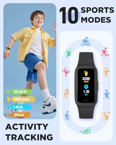 Kids Fitness Tracker Watch with AMOLED Screen & 3ATM Waterproof - Black