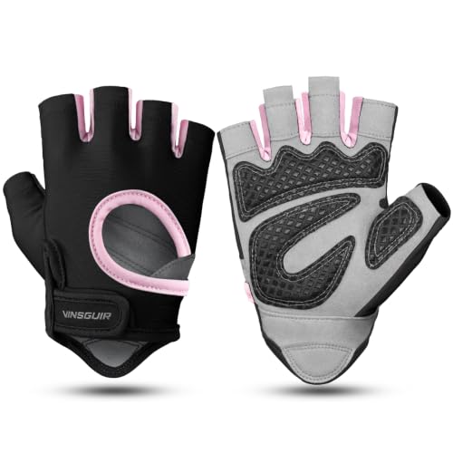 VINSGUIR Workout Gym Gloves with Grip Foam Padding - Black Pink, Medium