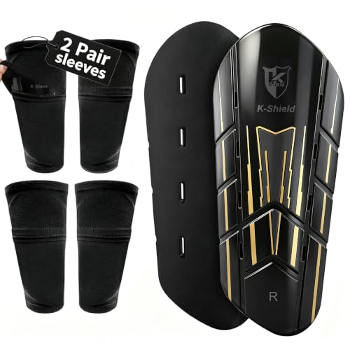 Kids Youth Adults Soccer Shin Guards with Sock Sleeves Black Golden M Size 4'7"-5'3"