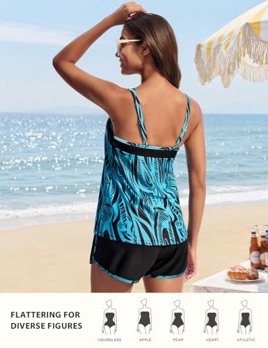 Women’s Tankini Swimsuit Set with Athletic Pockets - Blue Ripples, XL