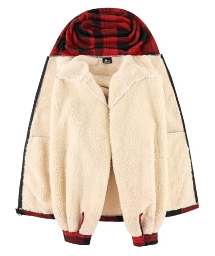 Mens Flannel Plaid Zip Up Hoodie Jacket Sherpa Lined Fleece - Large Black Red