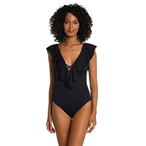 La Blanca Women's One Piece Swimsuit Over The Shoulder Ruffle Sleeve Tummy Control Island Goddess Bathing Suit