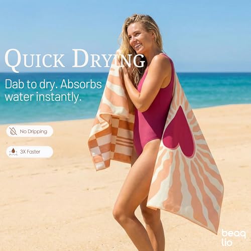 Boho Microfiber Beach Towel with Bag - Sandfree 71x36 Inch Coral