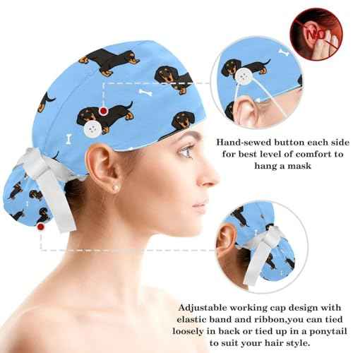 Animals Dogs Working Cap with Buttons, Adjustable Surgical Scrub Cap with Bow Hair Scrunchy