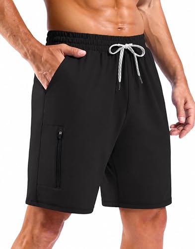 Men's 7-Inch Athletic Sweat Shorts Large Black with Zipper Pockets - Lounge & Gym
