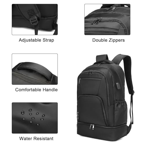 Seyfocnia Gym Backpack for Men - Black, 20 Inch Travel & Workout Bag with Shoe Compartment & USB Charging Port