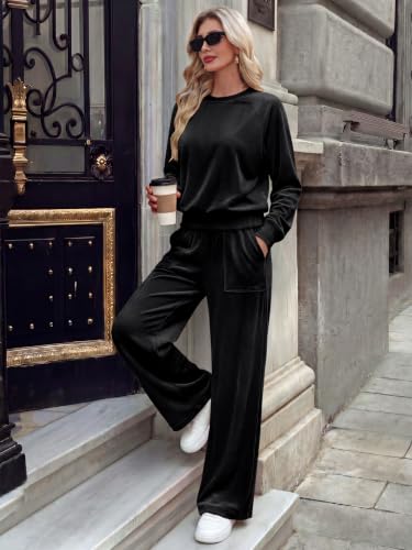 Women's Velour Lounge Sets 2 Piece Tracksuit - Large Black