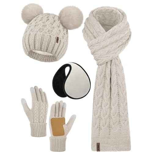 Aneco Winter Beanie Hat Scarf Gloves Ear Warmer Set for Women Fleece Lined Pom Pom Beanie Touchscreen Gloves 4 in 1 Set