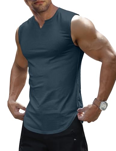 Men's Ribbed V-Neck Sleeveless Workout Tank Top - Large Navy Blue