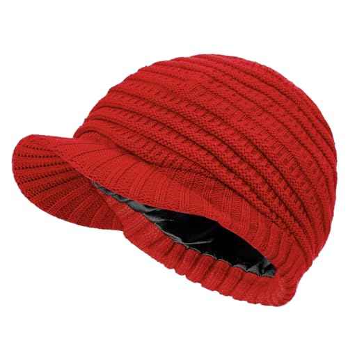 Womens Satin Lined Beanie Slouchy Winter Knit Hat Newsboy Hat with Brim Silk Lined Beanie