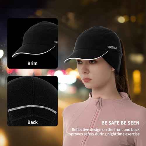 Ponytail Winter Hats for Women Reflective Fleece Ponytail Hat for Running Workouts,Black