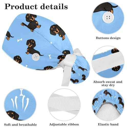 Animals Dogs Working Cap with Buttons, Adjustable Surgical Scrub Cap with Bow Hair Scrunchy