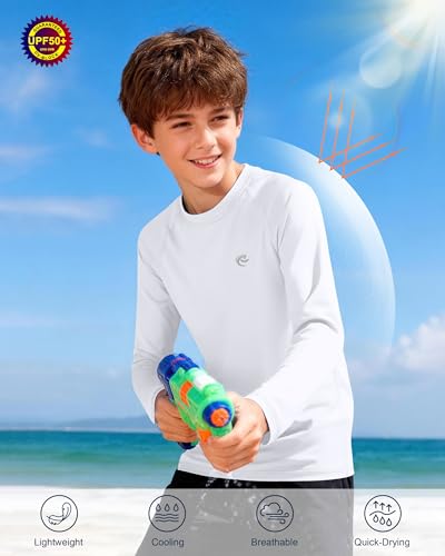 Boys UPF 50+ Long Sleeve Swim Shirt Rash Guard Pack - Medium White & Black