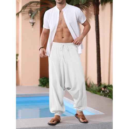 Runcati Mens Harem Pants Baggy Hippie Casual Cotton Linen Loose Boho Yoga Beach Drop Crotch Trouser