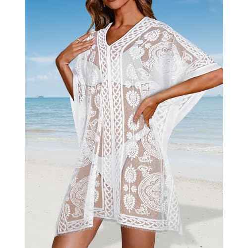 Womens Lace Bathing Suit Cover Up V Neck Beach Coverup Summer Swim Coverups Loose Bikini Beach Dress