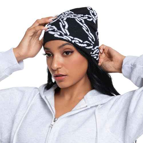 Y2K Beanie Hat for Men & Women Trendy Soft Stretchable Winter Cap, Chain Design Cold Knit Weather Accessory - Black