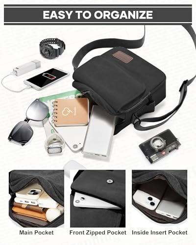 WISEPACK Small Crossbody Bag for Men - Vintage Canvas Messenger Bag A4-845 Black