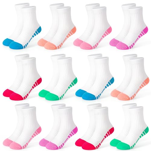 Girls Crew Socks 12 Pairs Kids Athletic Socks for Ages 1-14 - White, 5-7 Years Variation