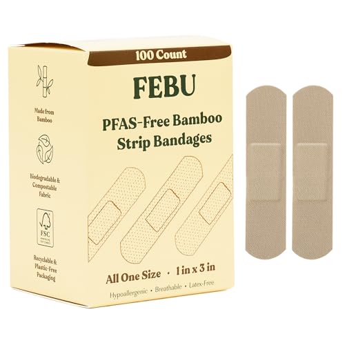 FEBU Bamboo Fabric Bandages | PFAS Free Flexible Fabric Bandages | Latex Free Bandage | Natural Hypoallergenic Bandage for Scrapes, Cuts & First Aid | 1in x 3in | 100 Count Pack