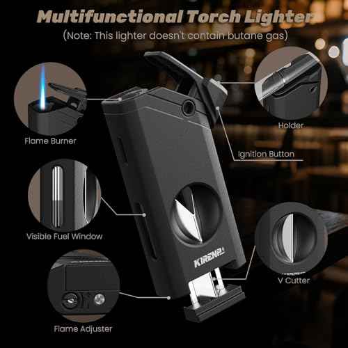 All-in-one Torch Lighter, with Portable Design, Cutter, Holder, Adjustable Flame, Multi-Functional Lighter Accessories, Refillable Butane Lighter, Candles, Elegant Gift for Men, Outdoors (Without Gas)