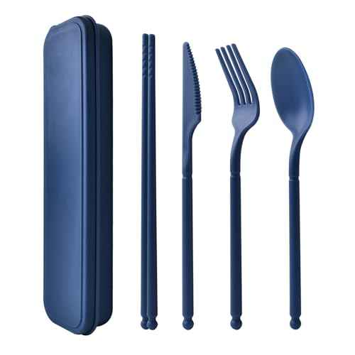 Reusable Utensils Set with Case, Eco-Friendly Bpa Free Plastic Travel Utensils, 1 Sets Plastic Spoons and Forks Set for Lunch Box, Picnic, Travel, Camping (Blue)