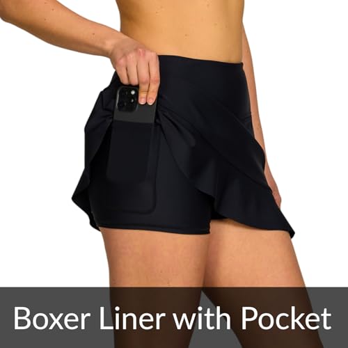 High Waisted Women's Swim Skirt with Tummy Control - Medium Black