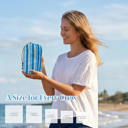 OIGAE Waterproof Sandproof Beach Blanket 7x7 ft Blue Wave Stripes - Oversized Family Mat