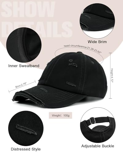 Distressed Washed Cotton Baseball Cap - Adjustable Dad Hat for Men Women - One Size / Black & White