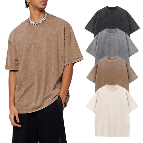 Gihuo Oversized Acid Wash T-Shirt for Men - Large Black Gray Khaki Beige Pack