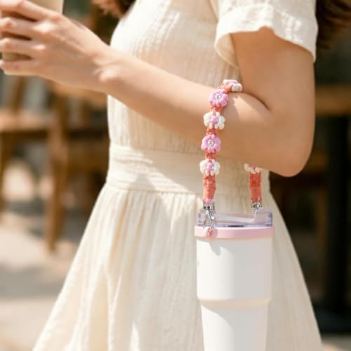 Flower Multicolor Water Bottle Strap for Stanley & Owala Cups, Hand-Woven Boho Cotton Sling