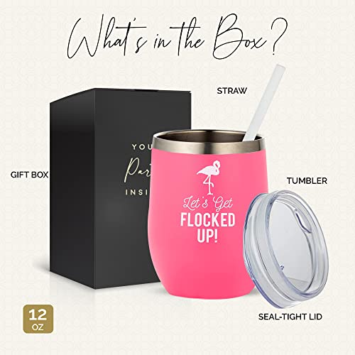 Pink Flamingo 12oz Flocked Wine Tumbler with Lid & Straw - Birthday Gift