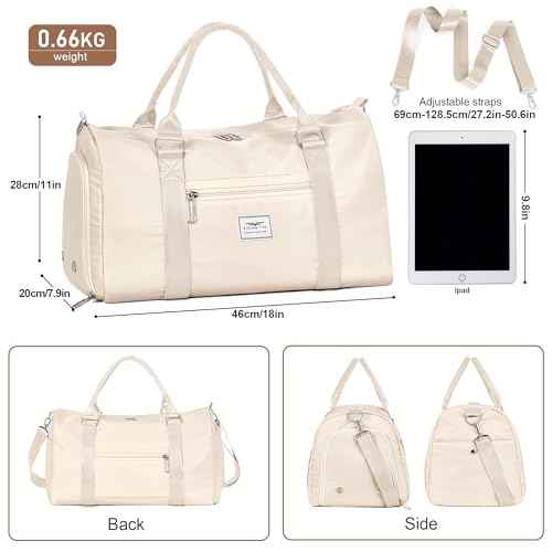 FIORETTO Womens Gym Tote Duffle Bag with Wet Pocket & Shoe Compartment, Sports Duffel Overnight Weekender Hospital Workout Carry on Bag for Girls, Ideal for Travel, Swimming, Dance, Ballet Beige