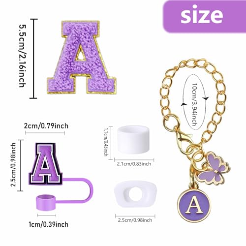 9pcs Cup Accessories Set, Butterfly Straw Cover Cap for Stanley Cup 30oz/40oz,Sticker for Stanley Decorations,Initial Letter Charm Personalized Spill-Proof Silicone Stoppers (Purple A)