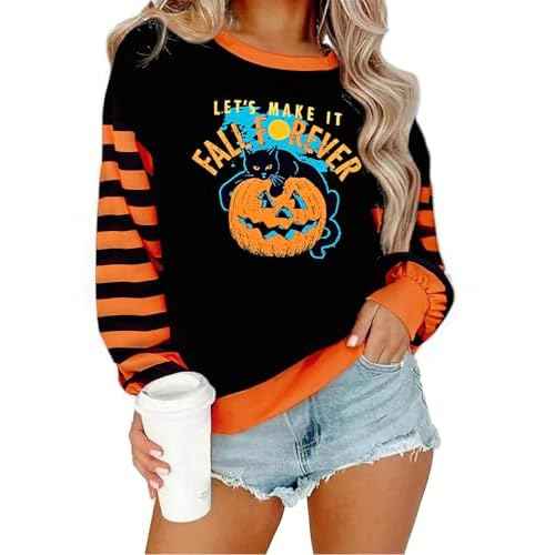 NANYUAYA Halloween Sweatshirts for Women Cute Spooky Season Pullover Long Sleeve Graphic Tops Casual Crewneck Striped Shirts