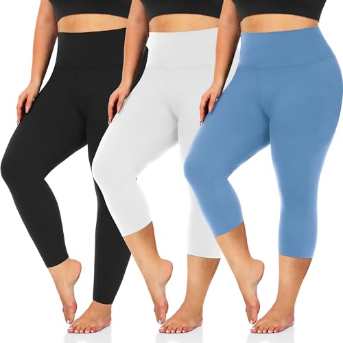 XX-Large 3-Pack Plus Size High Waist Capri Leggings Tummy Control Black White Light Blue