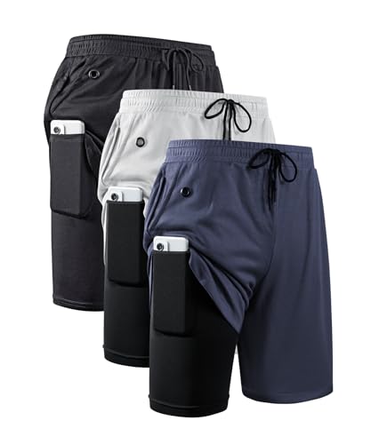 JWJ Men's 2-in-1 Running Shorts - Quick Dry Gym Athletic Workout Clothes with Side Pockets - Large / 3 Pack Black Grey Navy