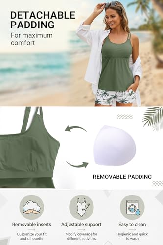Women’s Two Piece Tankini Swimsuit with Tummy Control and Shorts - Green Leaves, Large
